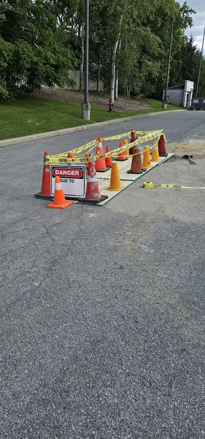 Civil work area prepared for underground conduit and gate control infrastructure
